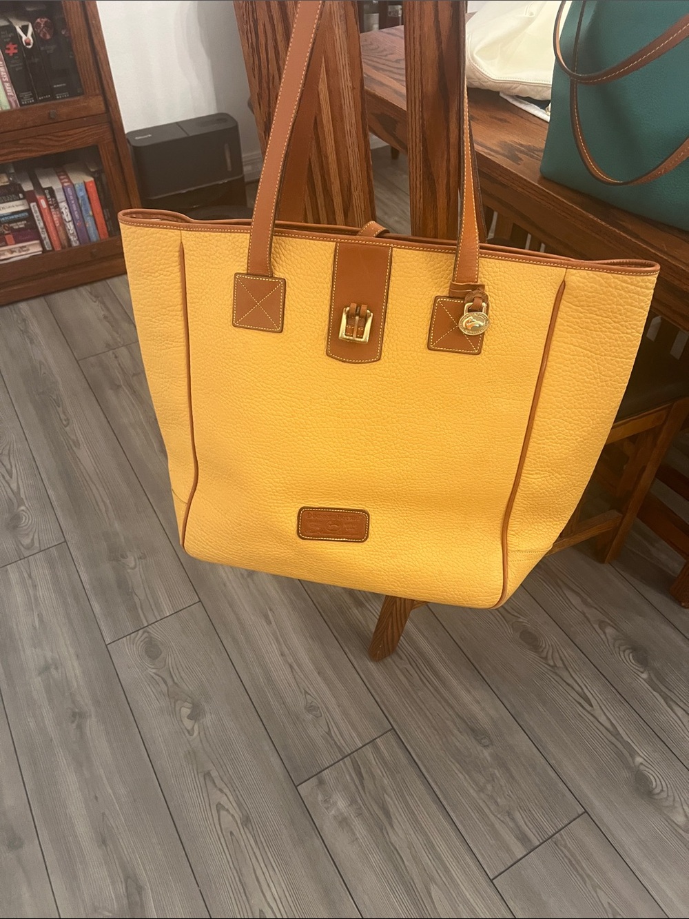 Dooney & Bourke Yellow Leather Tote with Brown Trim